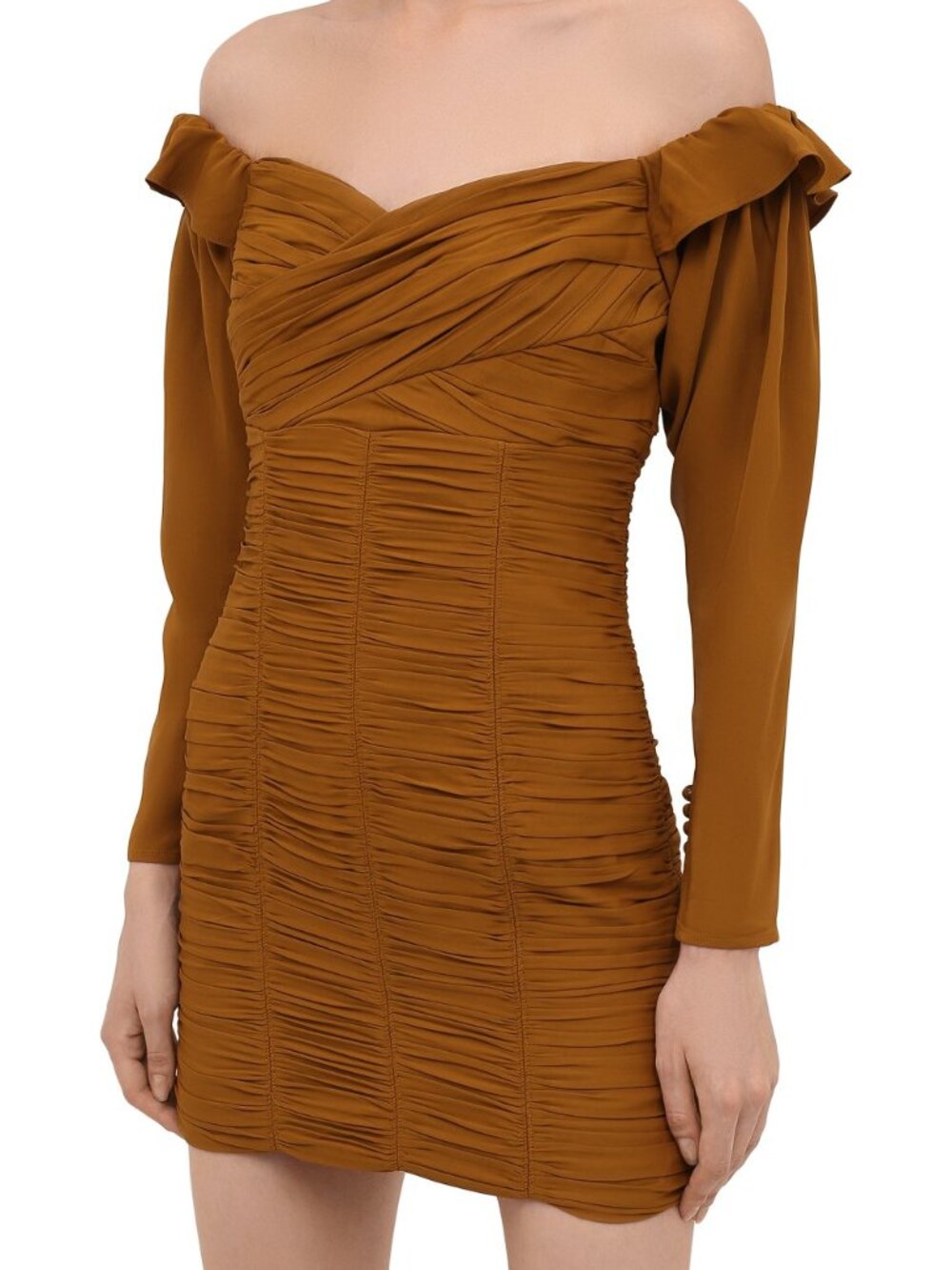 NWT SELF-PORTRAIT Crepe Ruched Mini Dress UK12 Off Shoulder Long Sleeve Brown